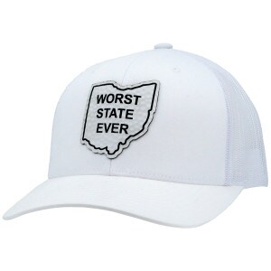 white trucker hat with Ohio Worst State Ever dimpled patch